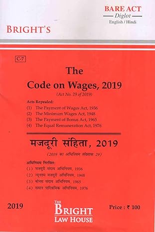 CODE ON WAGES, 2019 (MAJDOORI SANHITA, 2019) (DIGLOT) [ENGLISH/HINDI] [BARE ACT]